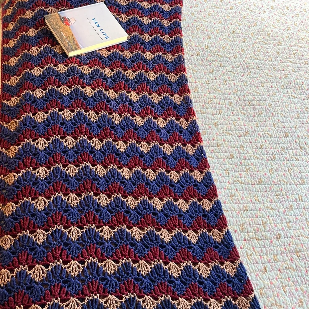 Vintage handmade loose open knit tan red blue throw blanket